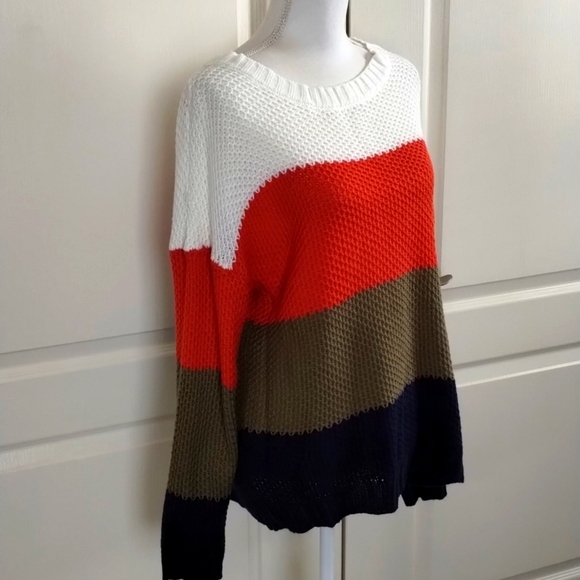 Color block sweater women's size Large orange navy olive and ivory striped - Picture 6 of 11